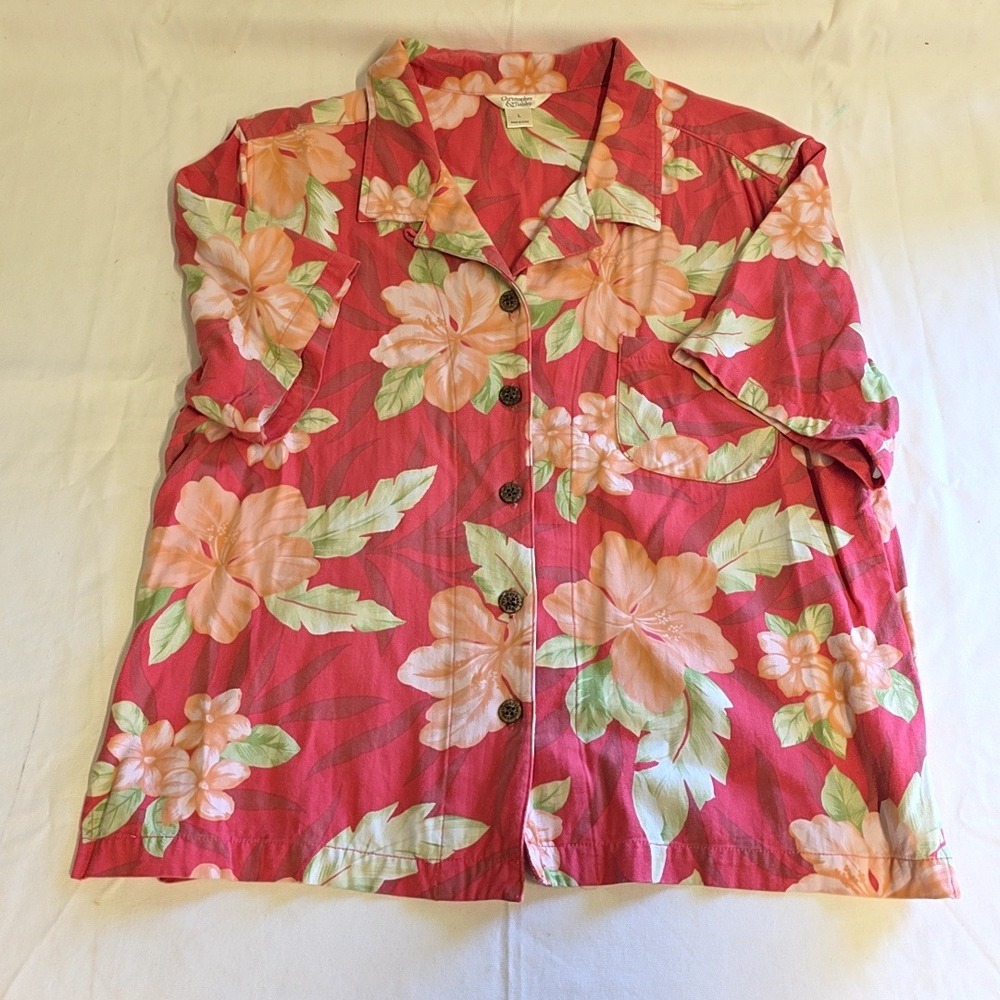 Christopher & Banks Button Down Women L Pink Tropical Floral Hawaiian Shirt